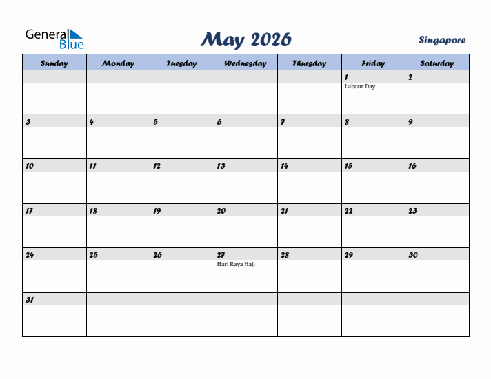 May 2026 Calendar with Holidays in Singapore