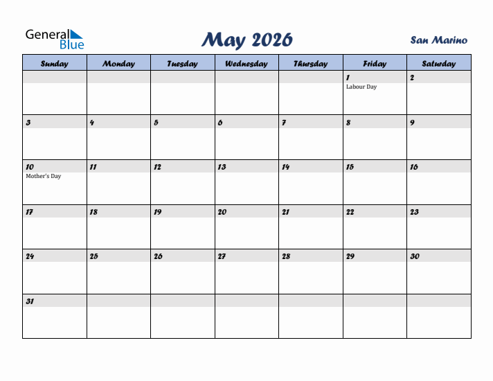 May 2026 Calendar with Holidays in San Marino