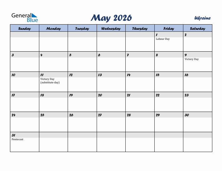 May 2026 Calendar with Holidays in Ukraine