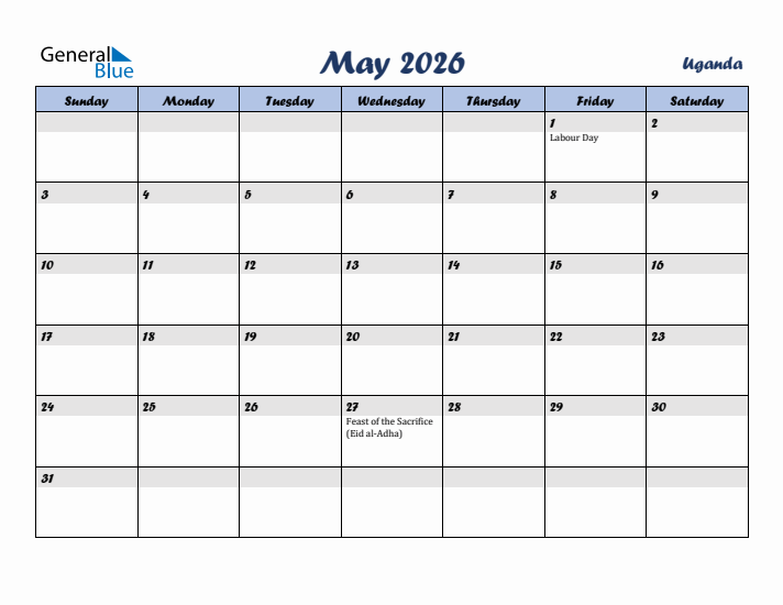 May 2026 Calendar with Holidays in Uganda