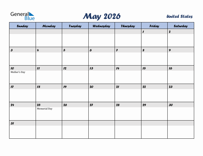 May 2026 Calendar with Holidays in United States