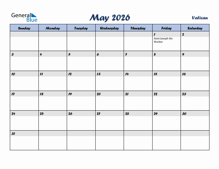 May 2026 Calendar with Holidays in Vatican