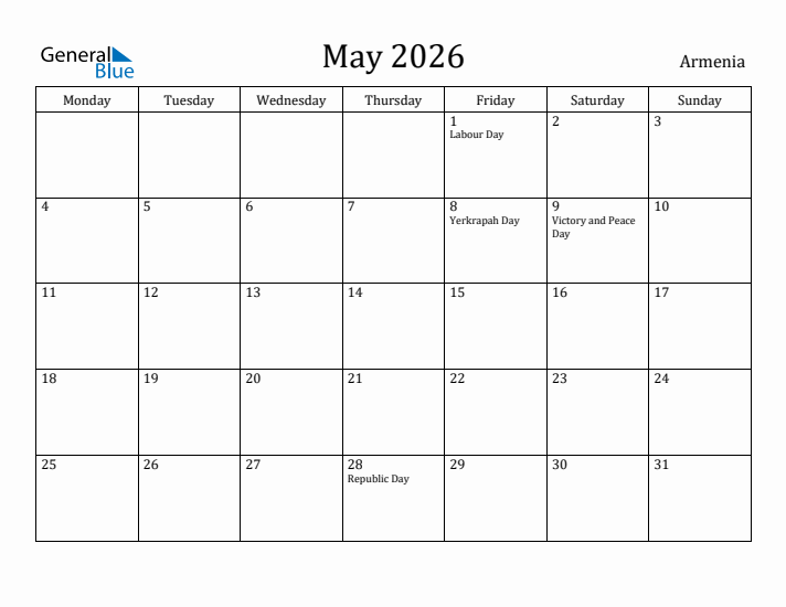 May 2026 Calendar Armenia