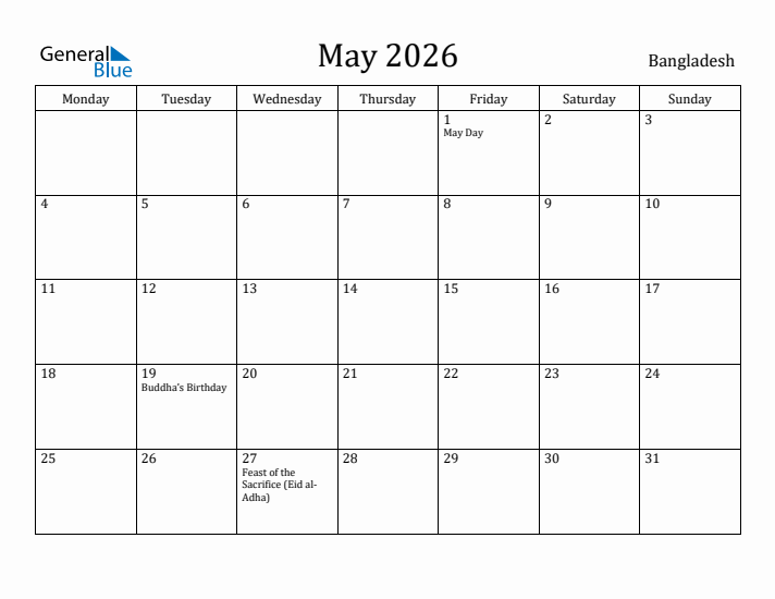 May 2026 Calendar Bangladesh