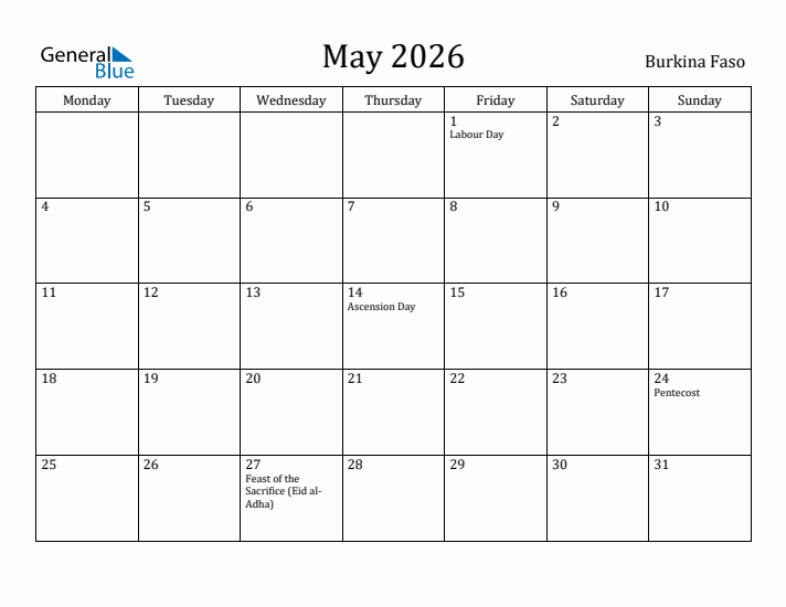 May 2026 Calendar Burkina Faso