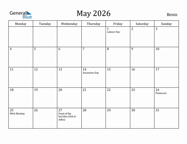 May 2026 Calendar Benin