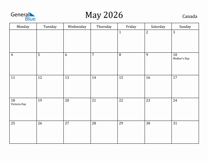 May 2026 Calendar Canada