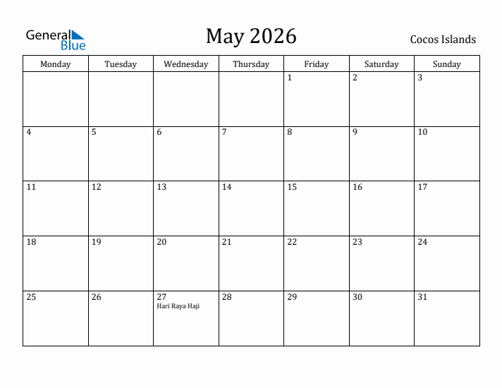 May 2026 Calendar Cocos Islands