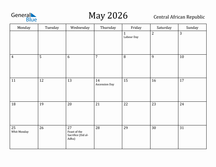 May 2026 Calendar Central African Republic