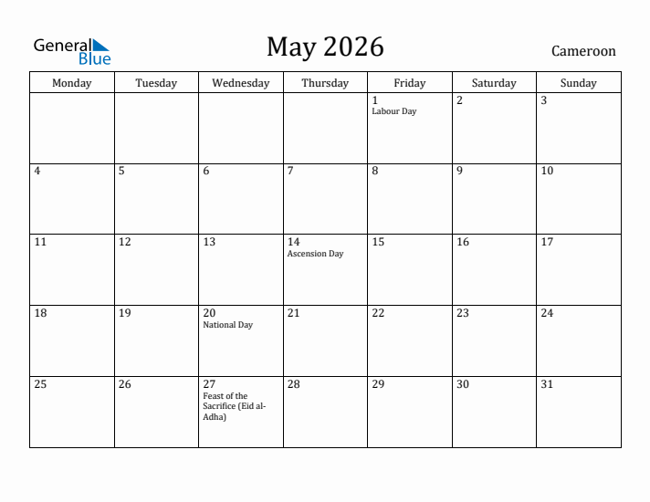 May 2026 Calendar Cameroon