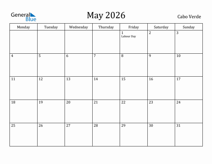 May 2026 Calendar Cabo Verde