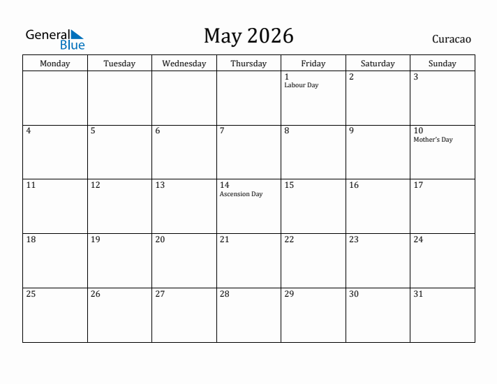 May 2026 Calendar Curacao