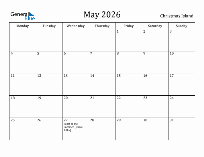 May 2026 Calendar Christmas Island