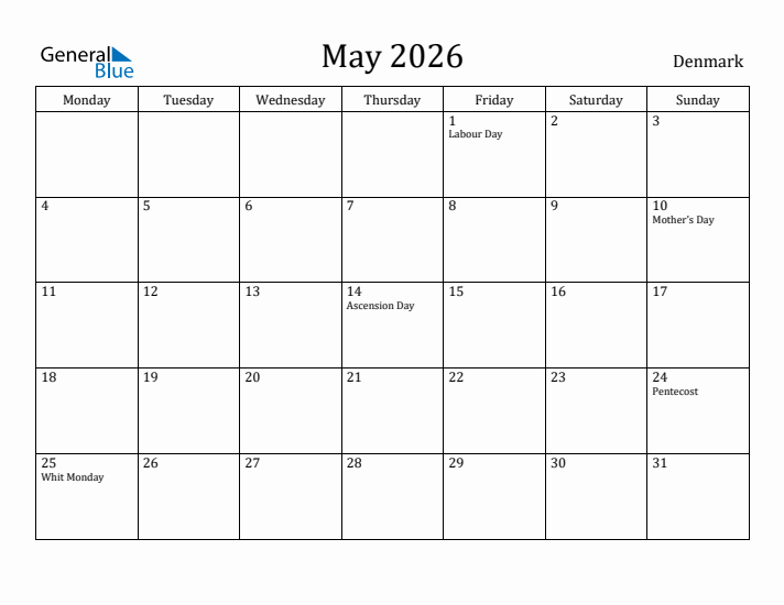 May 2026 Calendar Denmark