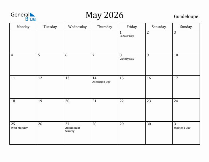 May 2026 Calendar Guadeloupe