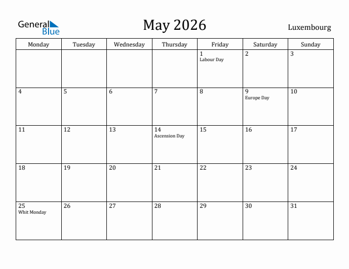 May 2026 Calendar Luxembourg