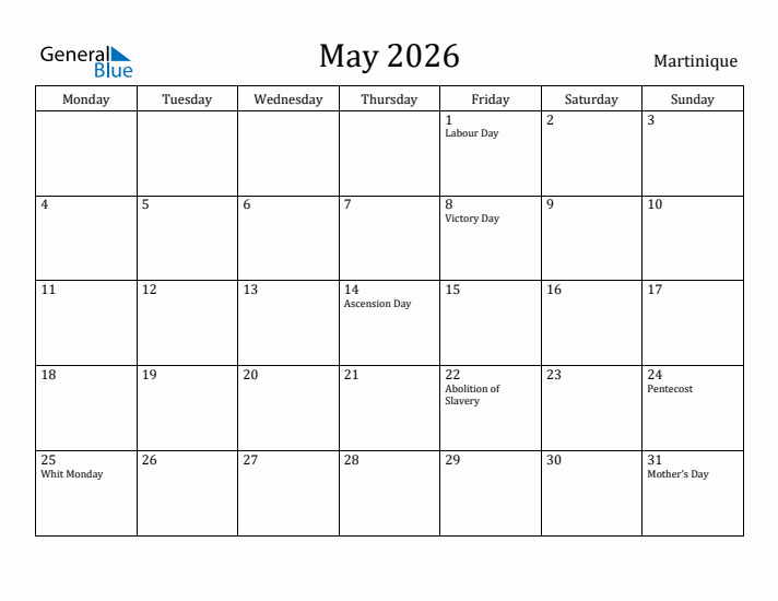 May 2026 Calendar Martinique