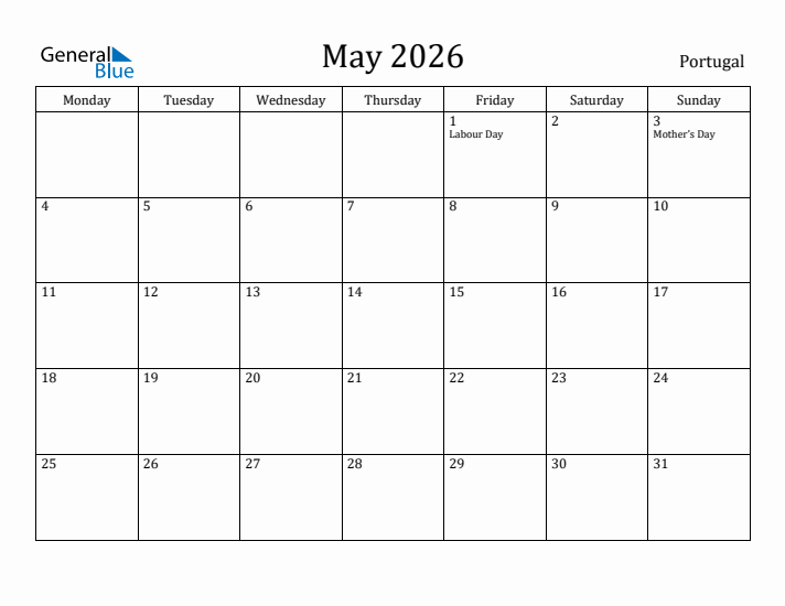 May 2026 Calendar Portugal