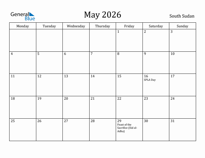 May 2026 Calendar South Sudan