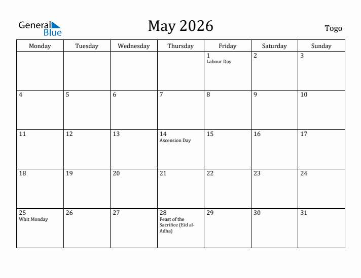 May 2026 Calendar Togo