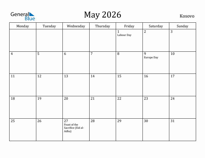 May 2026 Calendar Kosovo