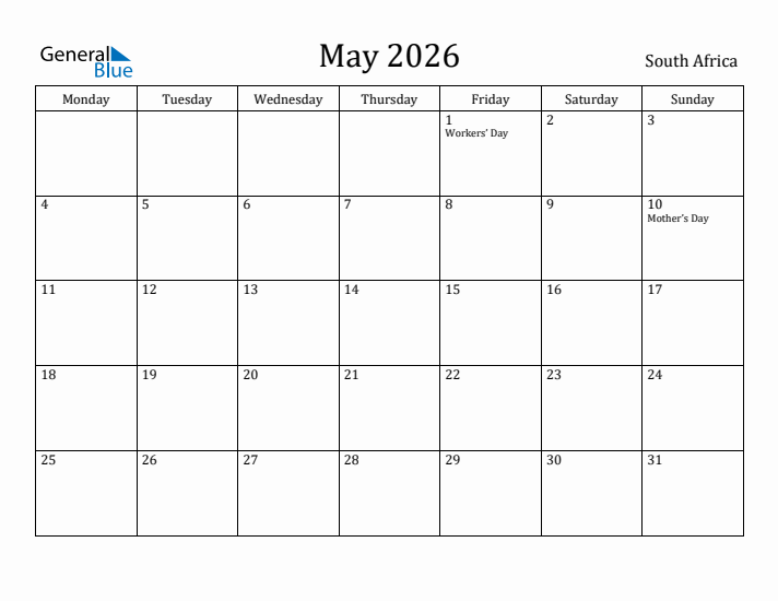 May 2026 Calendar South Africa