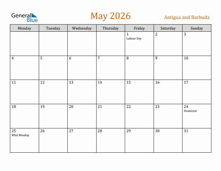 May 2026 Holiday Calendar with Monday Start