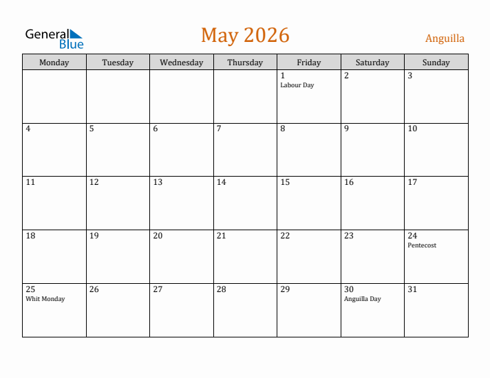 May 2026 Holiday Calendar with Monday Start