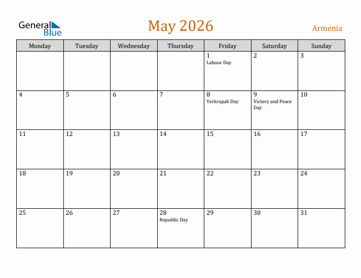 May 2026 Holiday Calendar with Monday Start