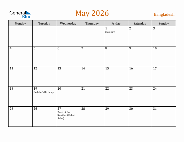 May 2026 Holiday Calendar with Monday Start