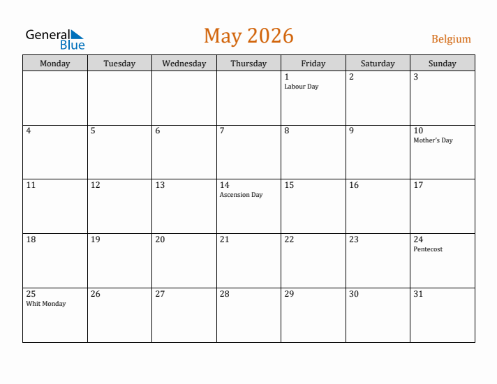 May 2026 Holiday Calendar with Monday Start