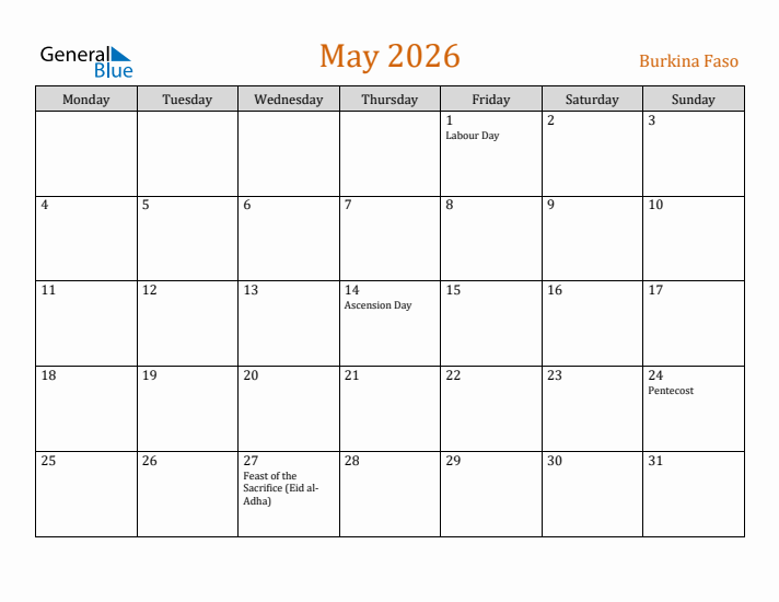 May 2026 Holiday Calendar with Monday Start