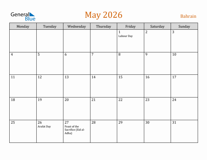 May 2026 Holiday Calendar with Monday Start