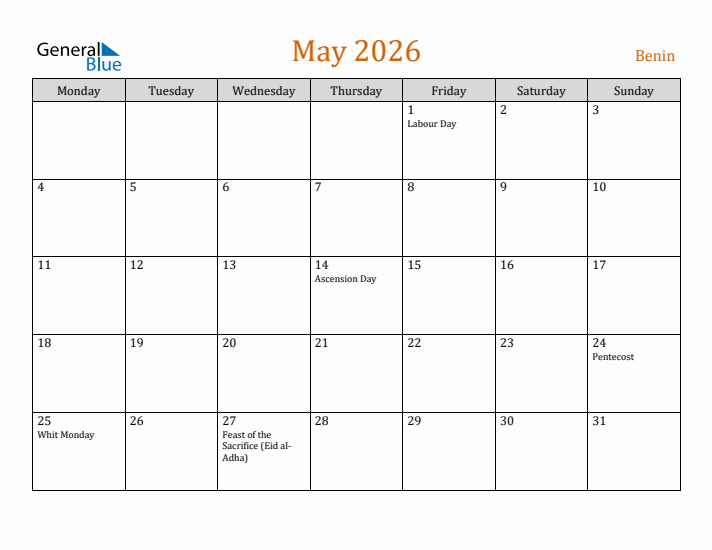 May 2026 Holiday Calendar with Monday Start