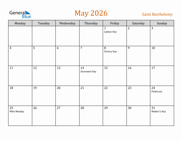 May 2026 Holiday Calendar with Monday Start