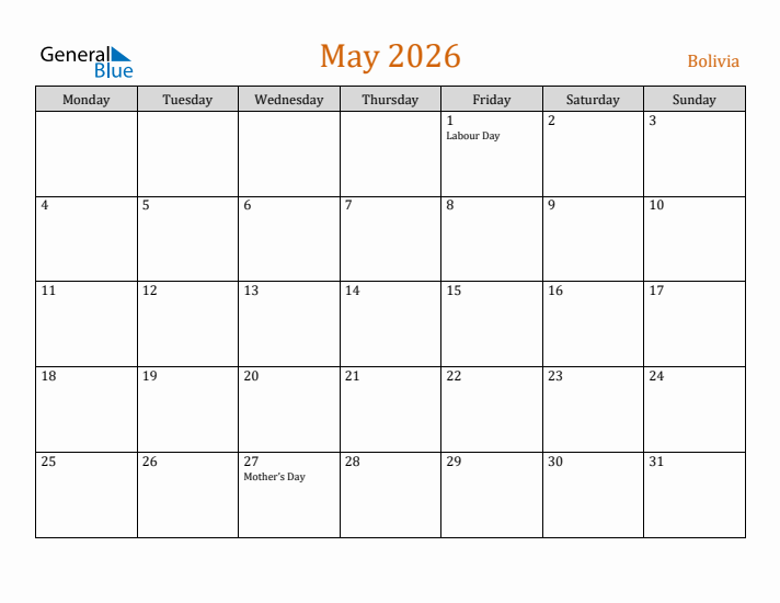 May 2026 Holiday Calendar with Monday Start