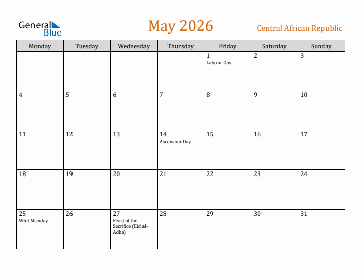 May 2026 Holiday Calendar with Monday Start