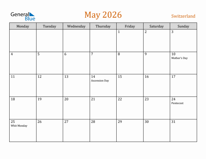 May 2026 Holiday Calendar with Monday Start