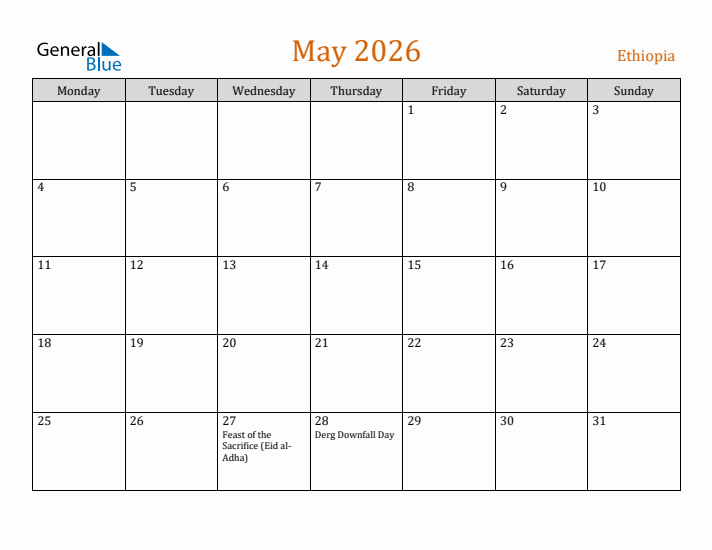 May 2026 Holiday Calendar with Monday Start