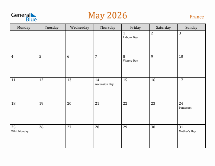 May 2026 Holiday Calendar with Monday Start