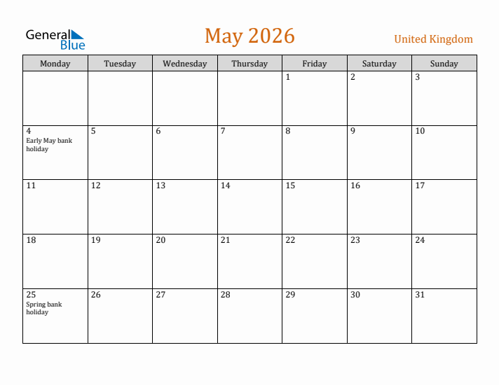 May 2026 Holiday Calendar with Monday Start