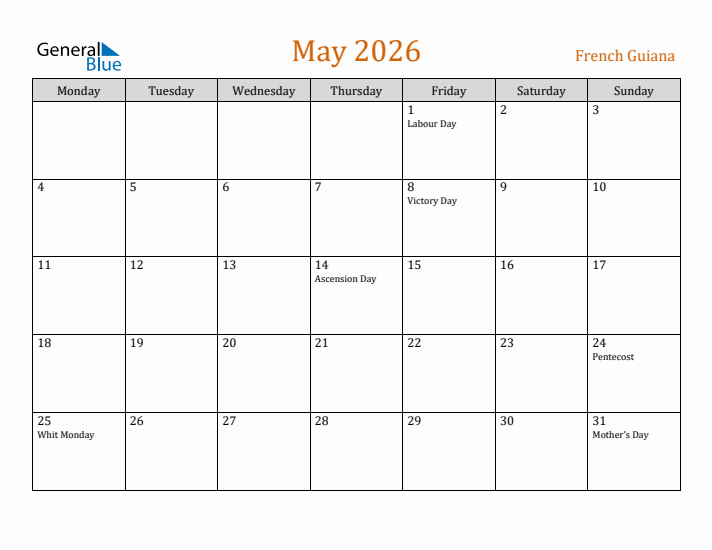 May 2026 Holiday Calendar with Monday Start