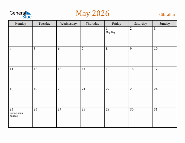 May 2026 Holiday Calendar with Monday Start