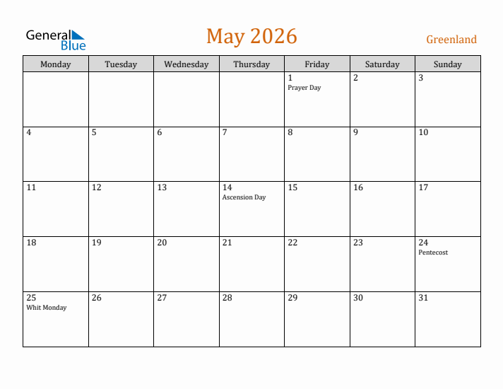 May 2026 Holiday Calendar with Monday Start