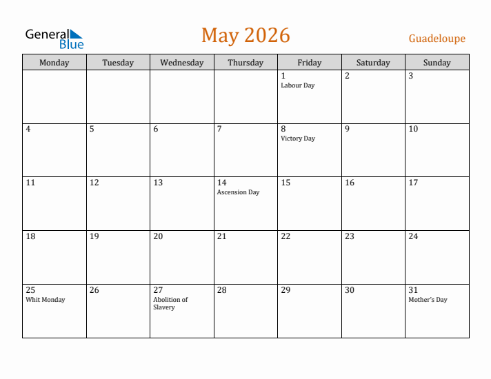 May 2026 Holiday Calendar with Monday Start