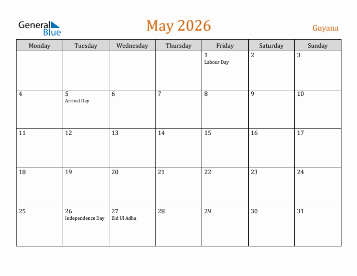 May 2026 Holiday Calendar with Monday Start