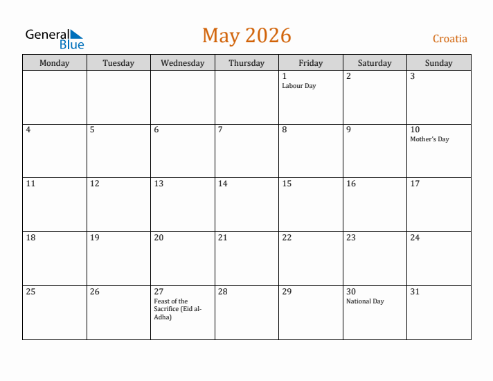 May 2026 Holiday Calendar with Monday Start