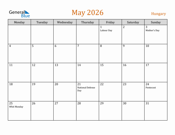 May 2026 Holiday Calendar with Monday Start