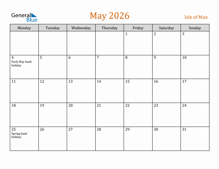 May 2026 Holiday Calendar with Monday Start