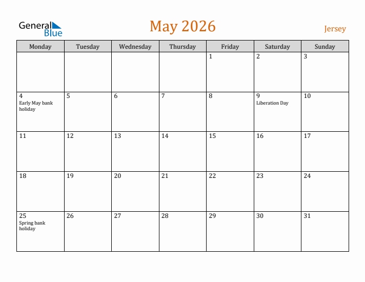 May 2026 Holiday Calendar with Monday Start